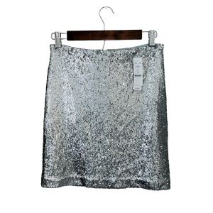 NWT SEQUIN MINI SKIRT White House Black Market Silver Sparkly Shiny Trendy Sz 4